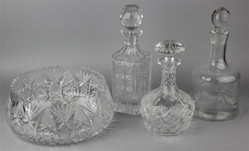 Appraisal: FOUR CUT GLASS SERVING ARTICLES including a square decanter with