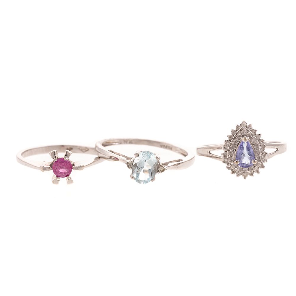 Appraisal: A Trio of Tanzanite Pink Sapphire Aqua Rings K white