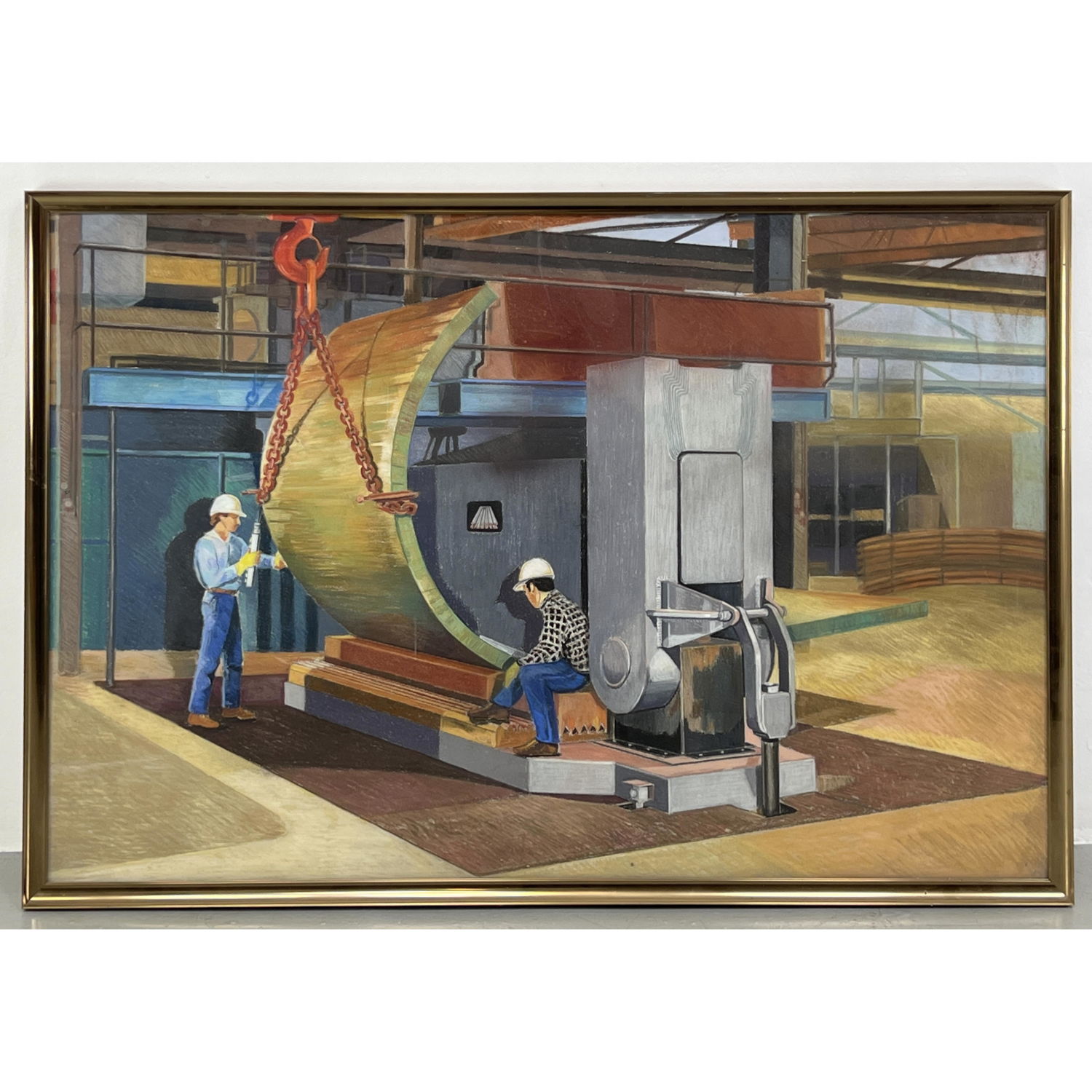 Appraisal: Pastel Painting of Industrial Work Site Men in Hard Hats