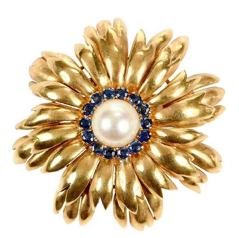 Appraisal: Tiffany Co kt Sapphire Pearl Brooch flower design round faceted