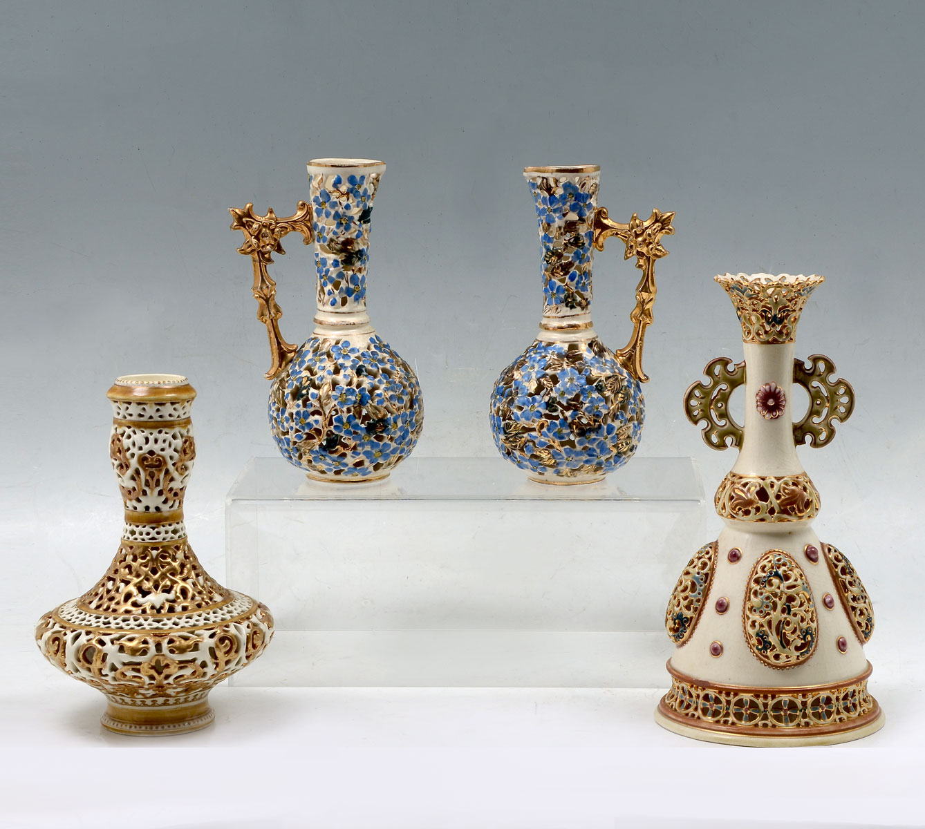 Appraisal: PC RETICULATED ZSOLNAY FISCHER PORCELAIN Comprising - Ewers by Fischer