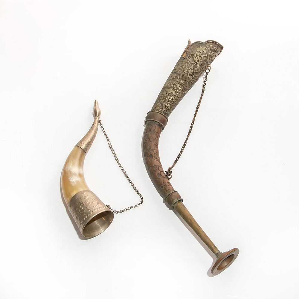 Appraisal: PCS TIBETAN CEREMONIAL DRAGON HORN AND DRINKING HORN Copper and