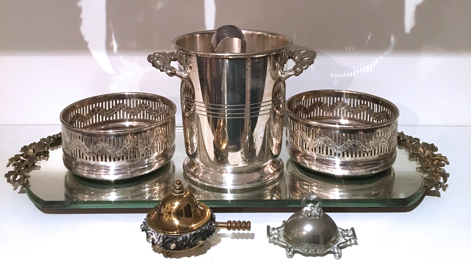 Appraisal: TWO SILVER PLATE COASTERS A HARRINGTON PLATE ICE BUCKET MINIATURE