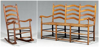 Appraisal: Caned settee and rocking chair both with ladder backs maple