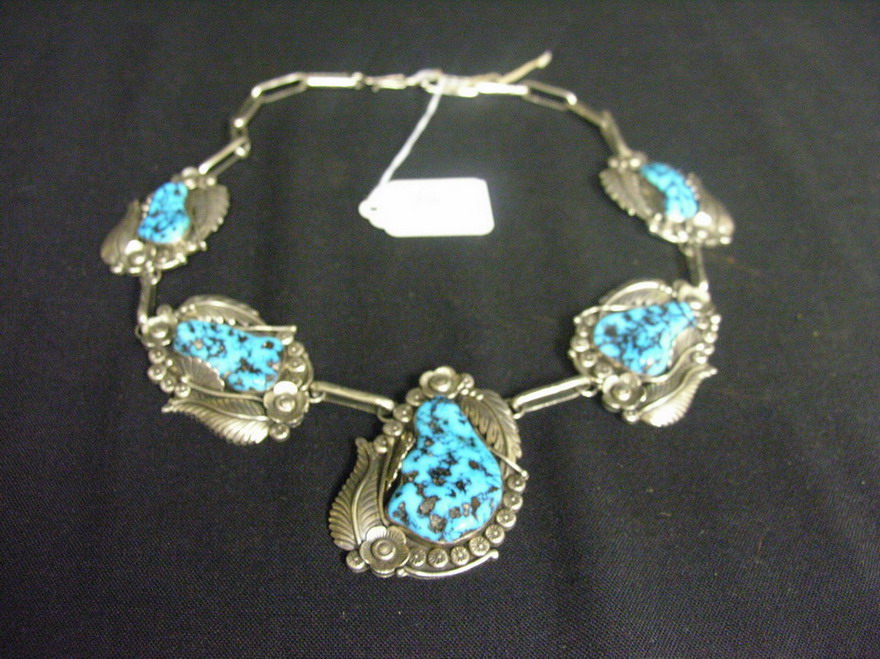 Appraisal: SAM PLASO STERLING TURQUOISE NECKLACE Large stablinged turquoise stones surrounded