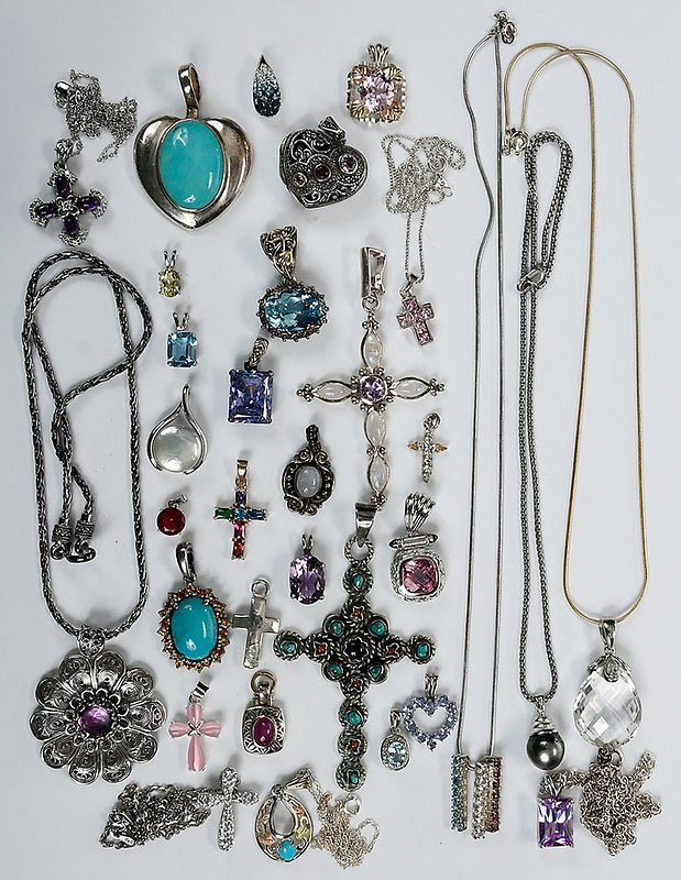 Appraisal: Thirty Two Silver Pendants assorted cubic zirconia and imitation stones