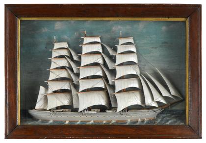 Appraisal: Shadowbox with painted wooden model of clipper ship late th