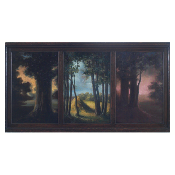 Appraisal: Arts and Crafts triptych painted landscape panels held in an