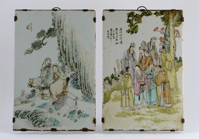 Appraisal: Two Chinese rectangular panels painted with figures and calligraphy th