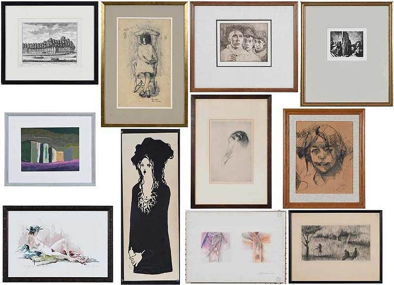 Appraisal: Eleven Framed Art Objects Watercolors Etchings th century Woman in