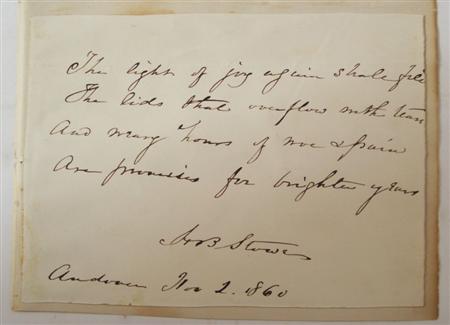 Appraisal: Beecher Stowe Harriet Autograph quotation signed and dated November The