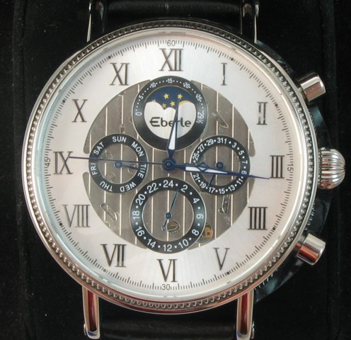 Appraisal: GENT'S EBERLE WRISTWATCH Carillon model multi-function silver-black caliber HS -jewel