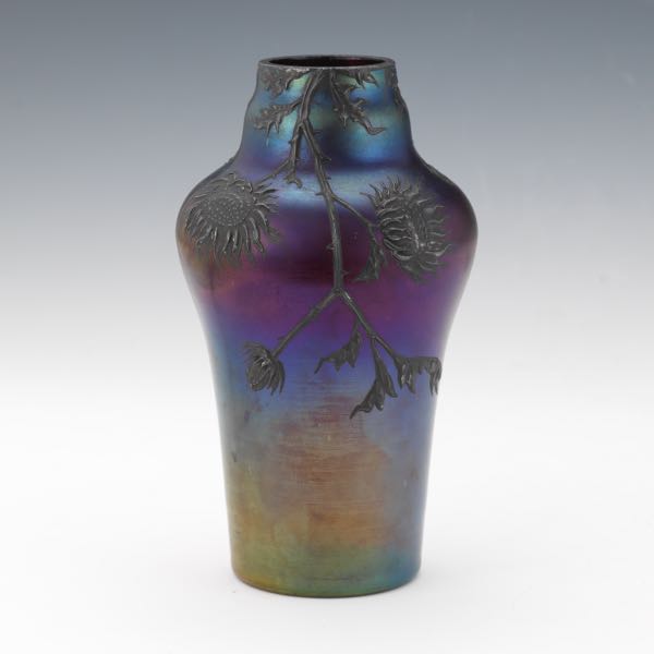 Appraisal: KRALIK VASE WITH SUNFLOWER OVERLAY x Iridescent vase with sunflower