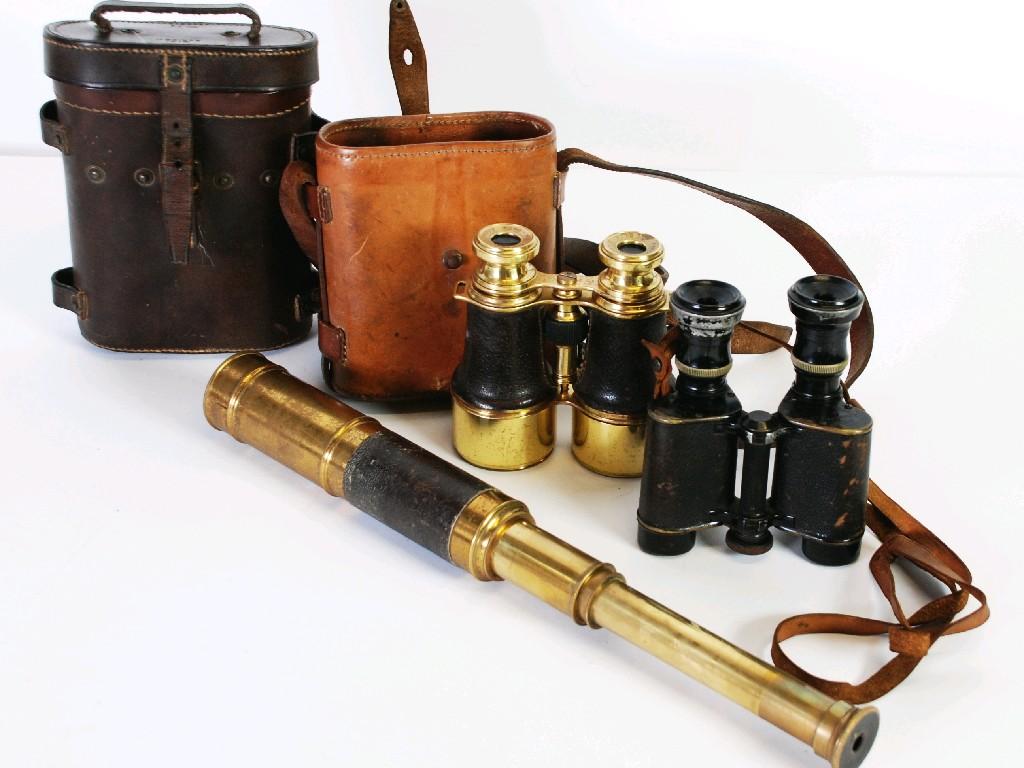 Appraisal: EARLY TWENTIETH CENTURY BRASS AND LEATHER CLAD THREE DRAW TELESCOPE