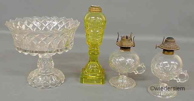 Appraisal: Yellow Sandwich glass oil lamp ''h two clear glass oil