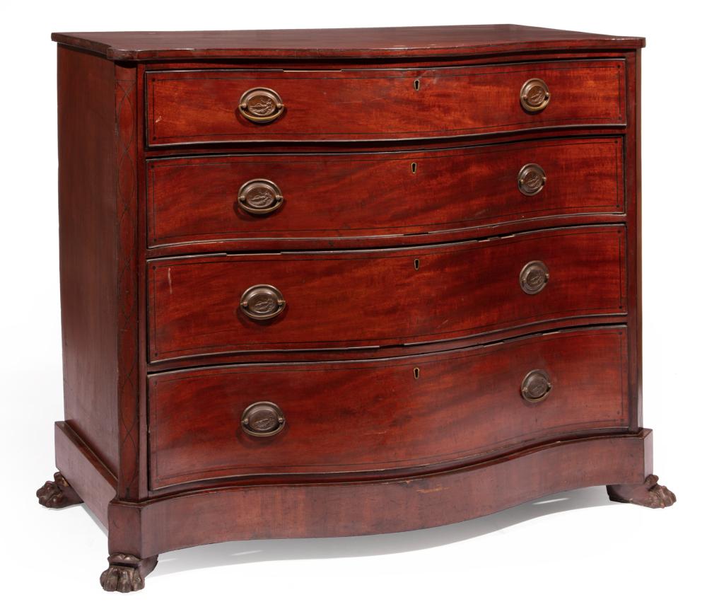 Appraisal: English Antique Inlaid Mahogany Serpentine Chest-of-Drawers four graduated cockbeaded ebony