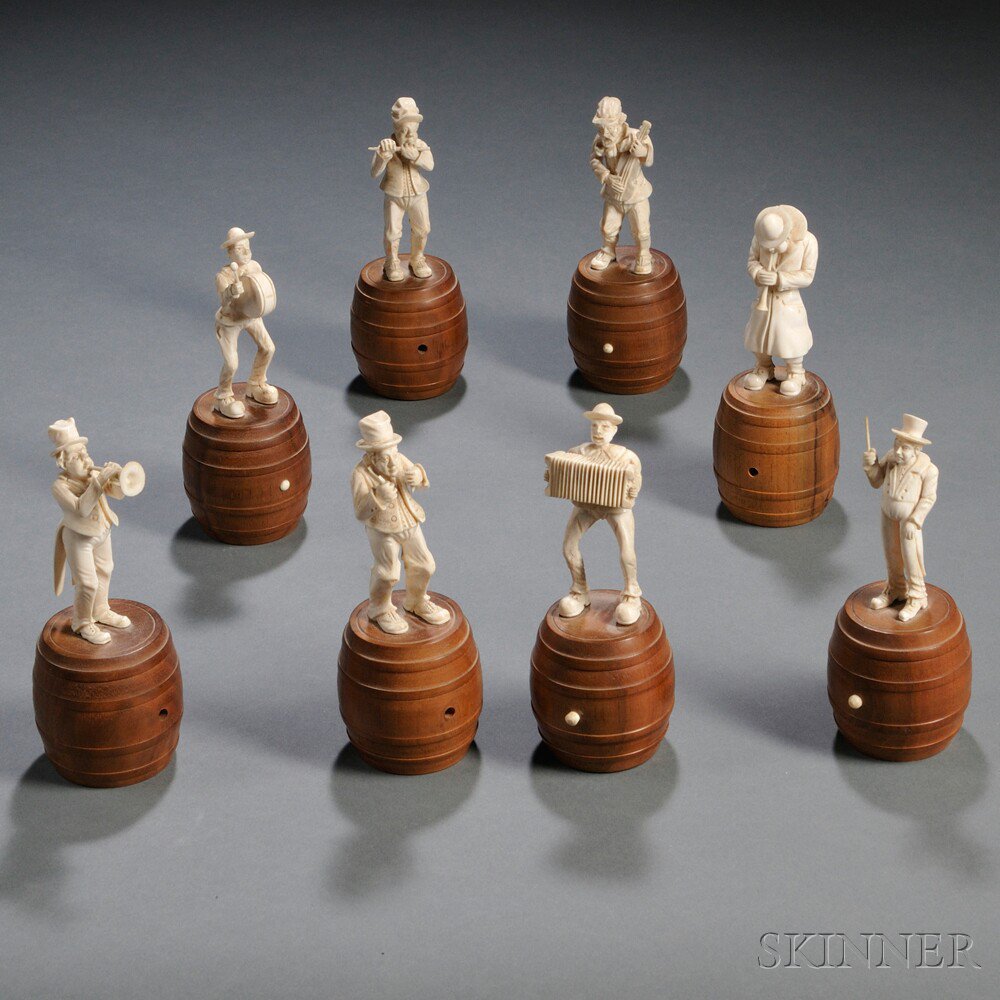 Appraisal: Group of Eight Carved Ivory Musicians Germany th century each