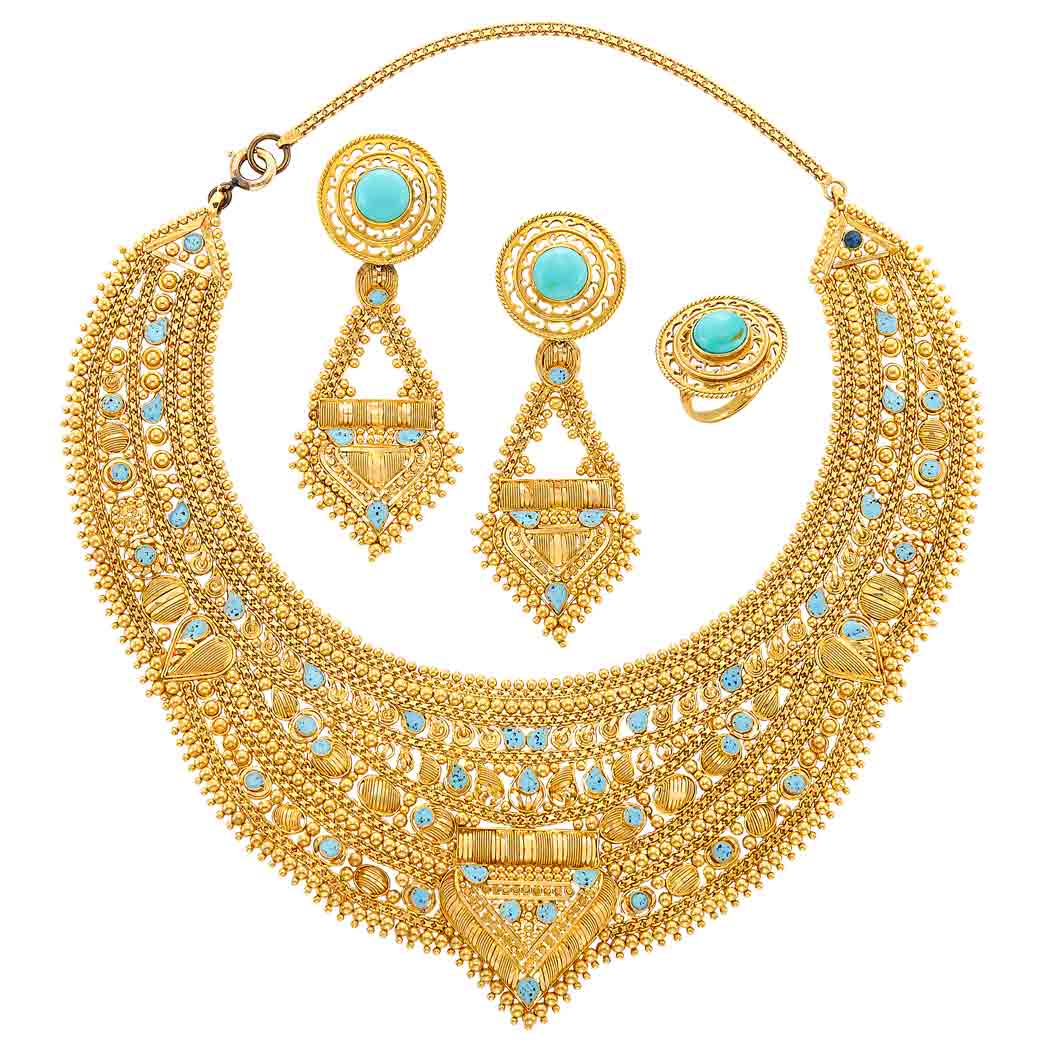 Appraisal: High Karat Gold Gold and Turquoise Enamel Bib Necklace and