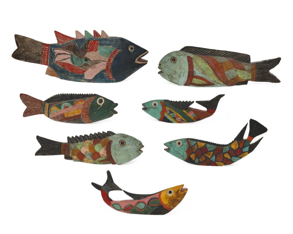 Appraisal: A group of folk art wooden fish th Century Mexico