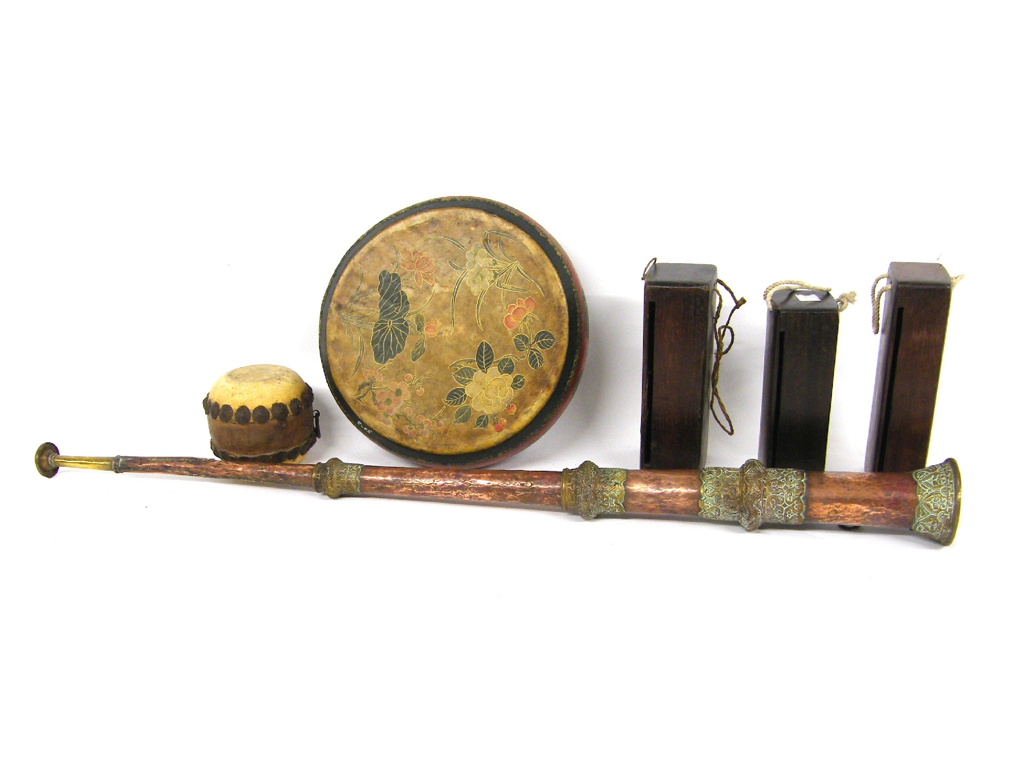 Appraisal: Tibetan copper and brass telescopic horn together with five further