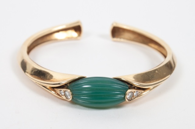 Appraisal: Van Cleef Arpels K gold diamond jade bangle bracelet centering