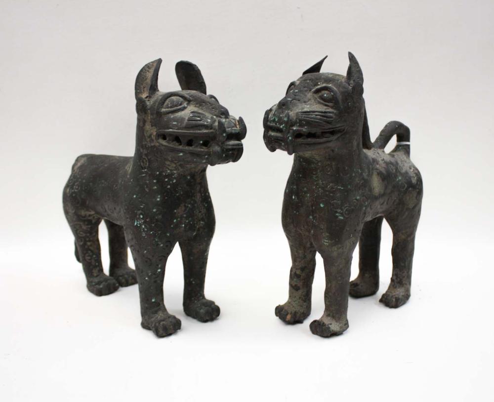 Appraisal: PAIR OF BENIN BRONZE STYLE AFRICAN CATS the standing cats