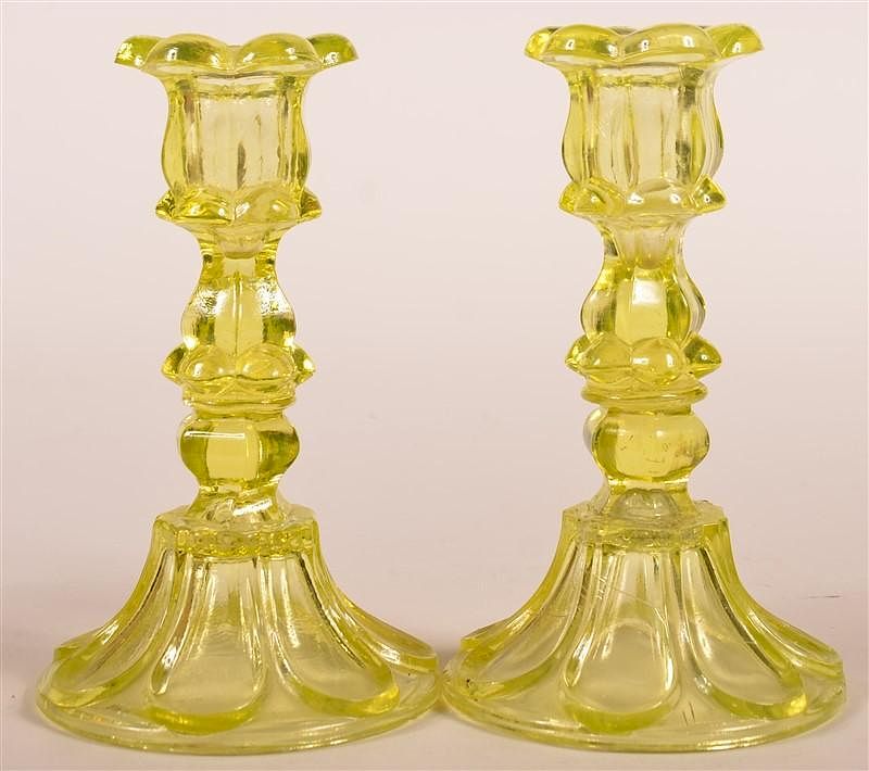 Appraisal: Pair of Vaseline Flint Glass Candlesticks Pair of th Century