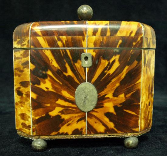 Appraisal: A George IV tortoiseshell tea caddy of canted rectangular form