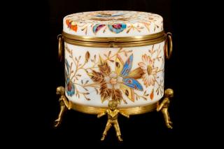 Appraisal: Moser White Opaline Enameled Figural Casket Box Moser Bohemian founded