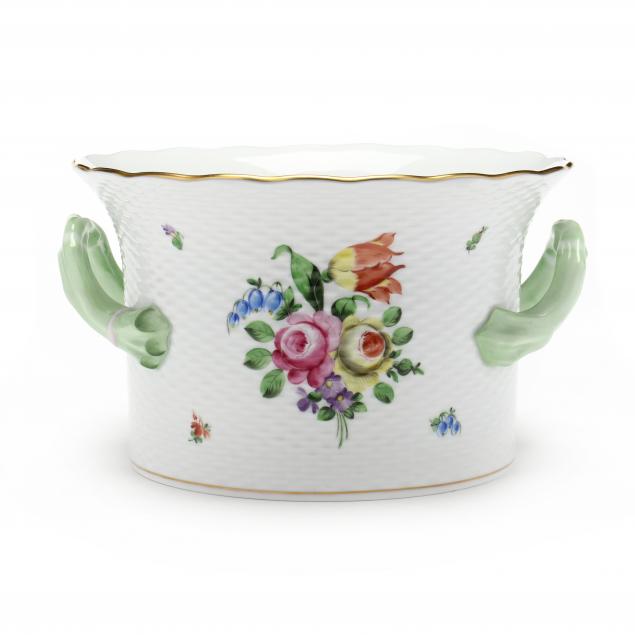 Appraisal: LARGE HEREND PORCELAIN PRINTEMPS CACHEPOT Hungary pattern number branch-form handles