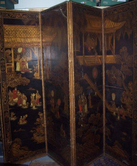 Appraisal: An th Century Chinoiserie four-fold leather screen painted with Chinese