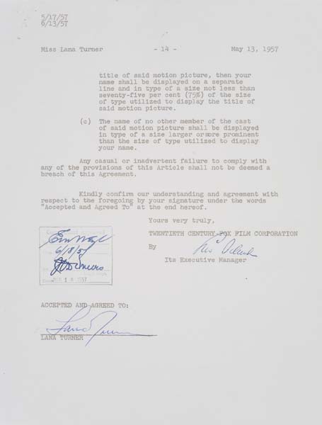 Appraisal: LANA TURNER Contract signed by Turner for Peyton Place May