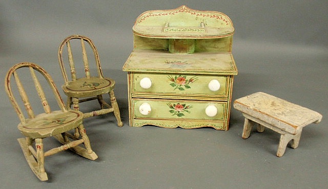 Appraisal: Miniature furniture- painted chest of drawers h x w rocking