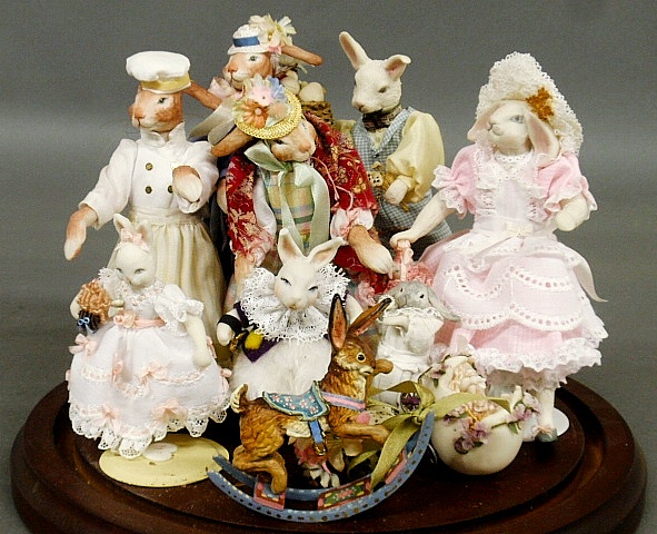 Appraisal: - Glass dome cased miniature setting- Bunny Family scale with