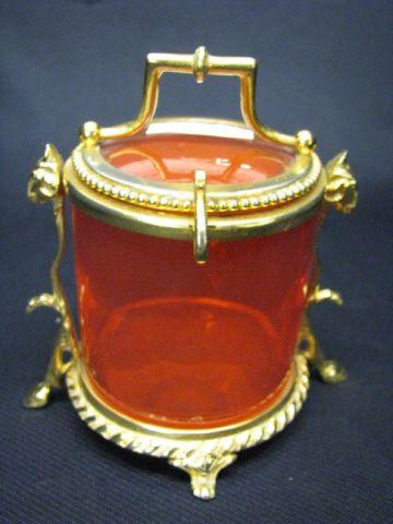 Appraisal: Art Glass Dresser Box fireglow orange fancy brass trim handled