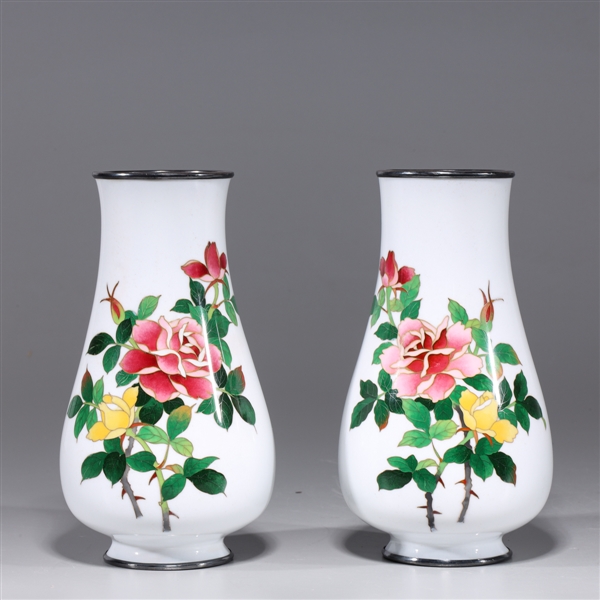 Appraisal: Pair of Japanese cloisonne enameled metal vases with rose designs