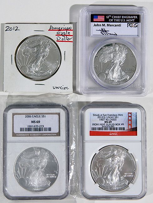 Appraisal: Silver Eagles W proof and three regular issue are slabbed