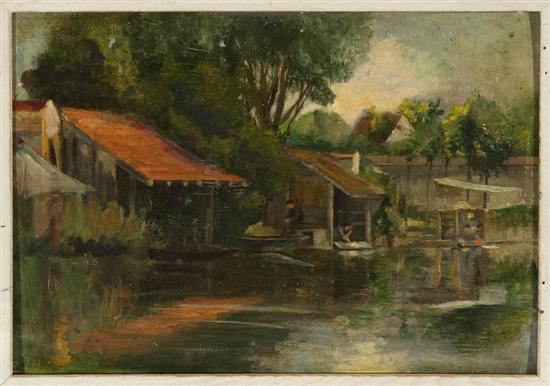 Appraisal: Oil on board of waterfront cabins with fishermen Early th