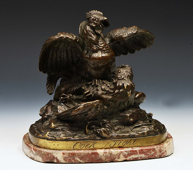 Appraisal: A FRENCH 'ANIMALIER' BRONZE GROUP of two fighting bantam cocks