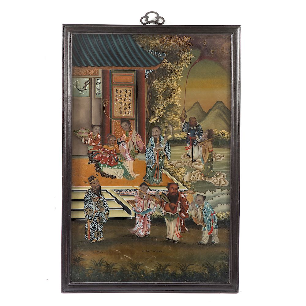 Appraisal: Chinese Reverse Painted Glass Panel early th century sages in