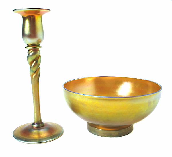 Appraisal: A Steuben gold Aurene glass candlestick and a gold Aurene