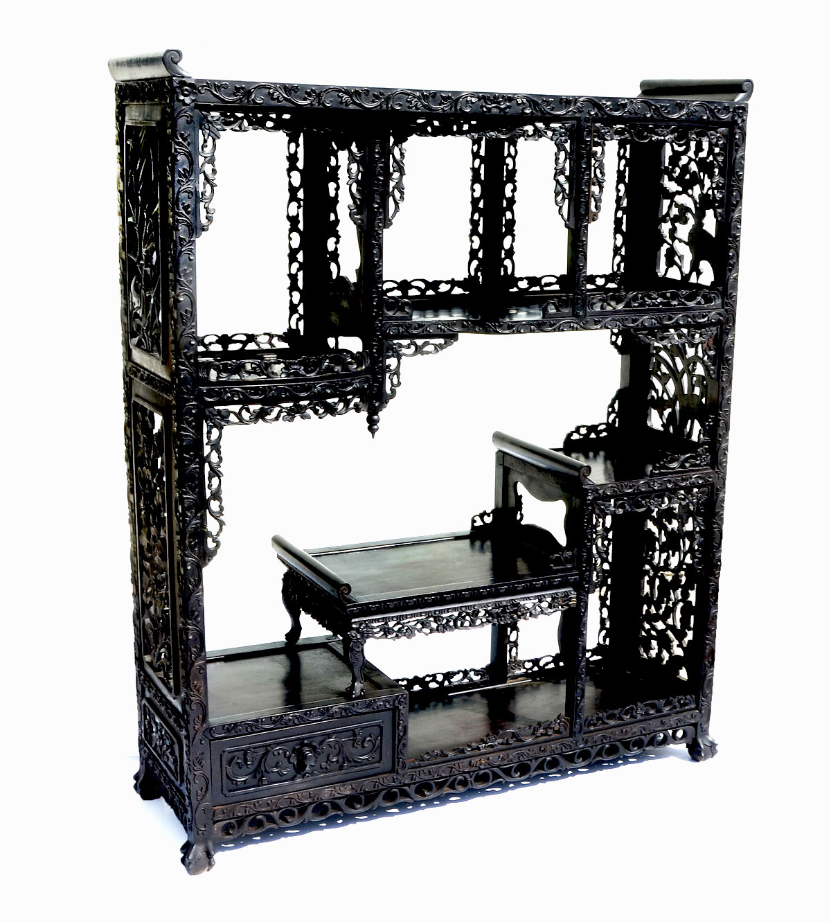 Appraisal: CHINESE CARVED HARDWOOD ETAGERE - shelf - drawer Chinese etagere