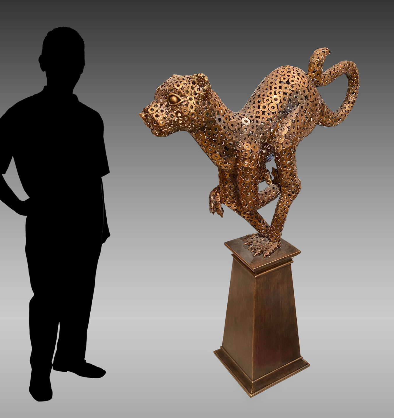 Appraisal: RUNNING JAGUAR WELDED METAL WASHER SCULPTURE ON PEDESTAL Approx ''