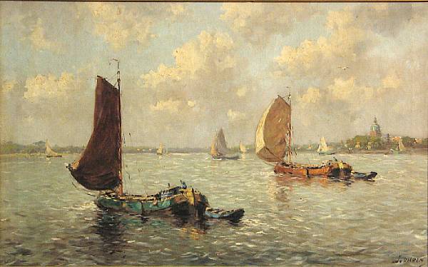 Appraisal: J van Delden Dutch Fishing boats in a busy harbor