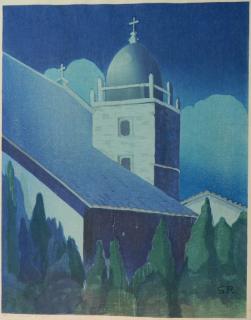 Appraisal: Shirley Russell woodcut Shirley Russell American - - ''Carmel Mission''-