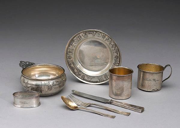 Appraisal: A group of sterling children's items Comprising monogrammed porringer with