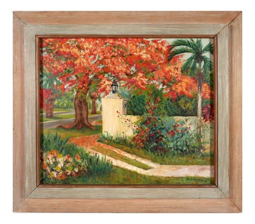 Appraisal: Framed oil on board painting of tree royal poinciana and