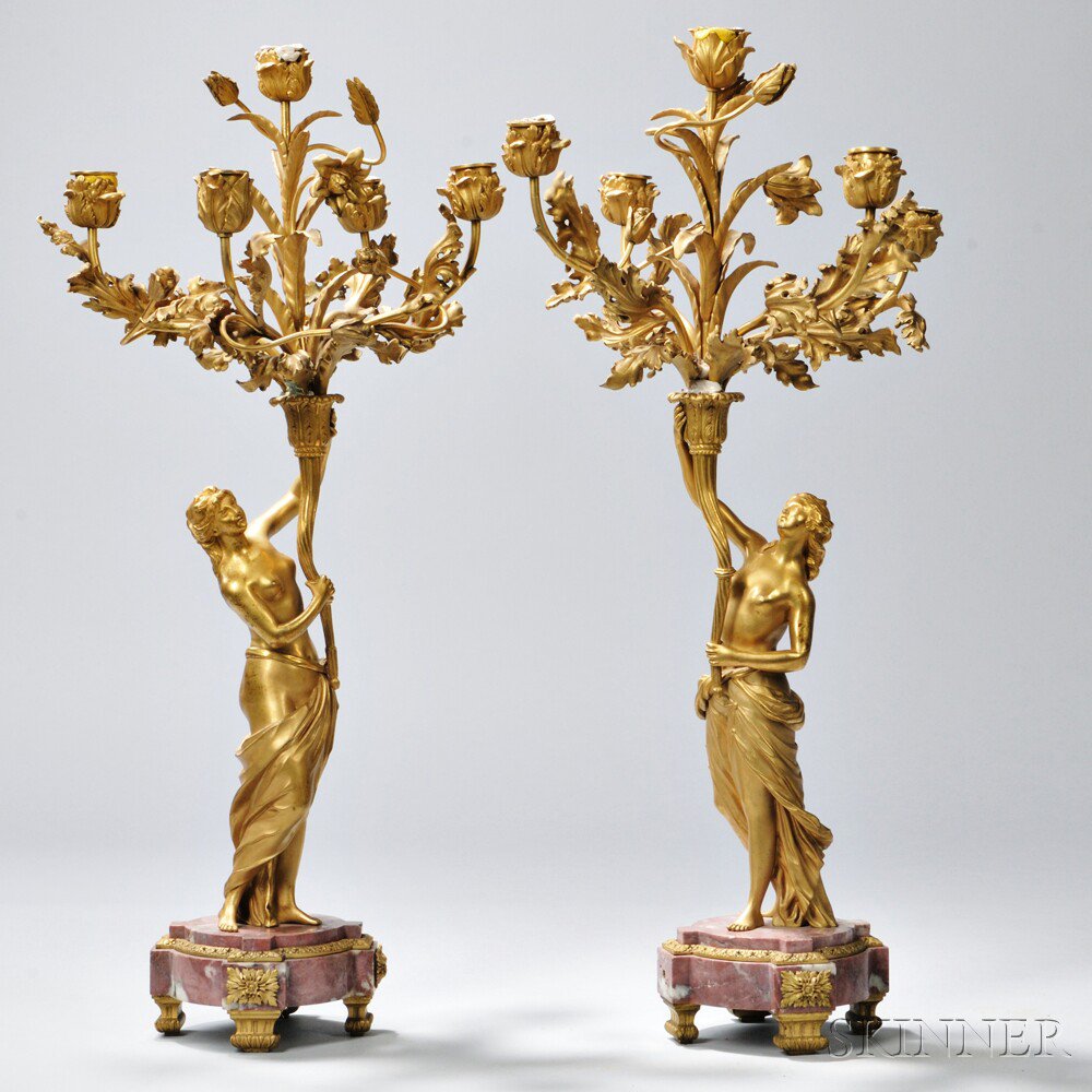 Appraisal: Pair of Napoleon III-style Gilt-bronze Five-light Candelabra France th century