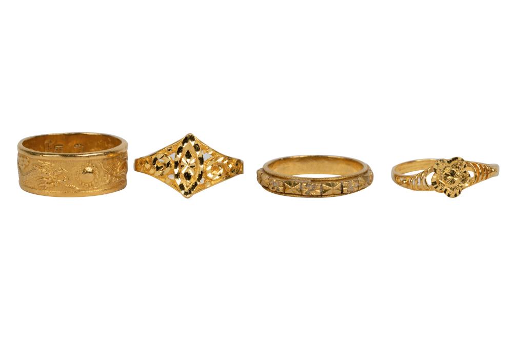 Appraisal: GROUP OF FOUR HIGH KARAT YELLOW GOLD CHINESE RINGS grams