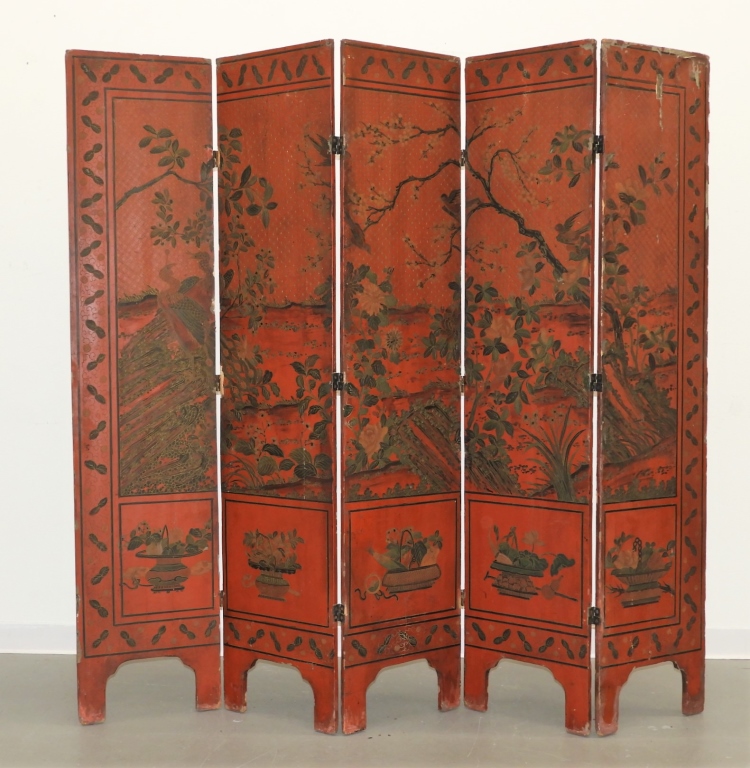 Appraisal: CHINESE QING DYNASTY RED LACQUERED FOLDING SCREEN China Qing DynastyDecorated